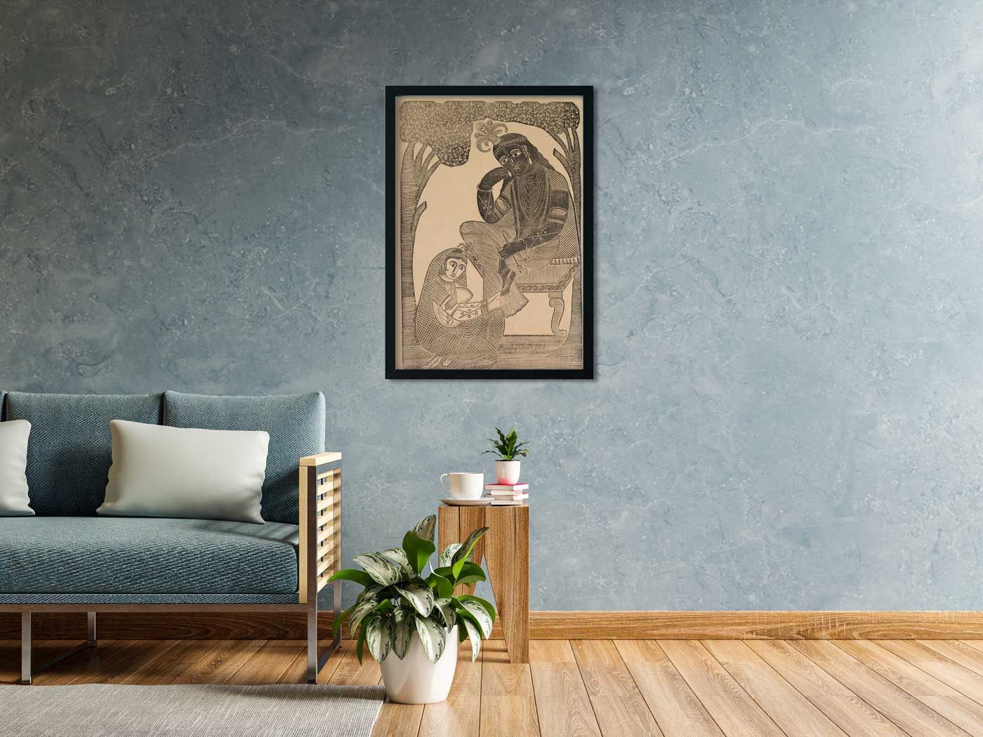 Radha Stroking Krishna's Feet Painting 2 : 3 Vertical Premium Wall Art Canvas by MeriDeewar