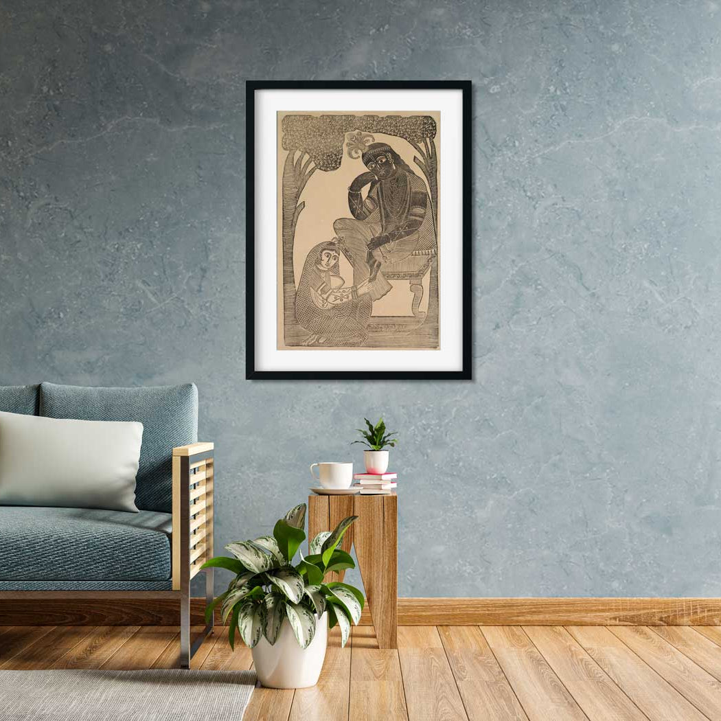 Radha Stroking Krishna's Feet Painting 2 : 3 Vertical Premium Wall Art Canvas by MeriDeewar