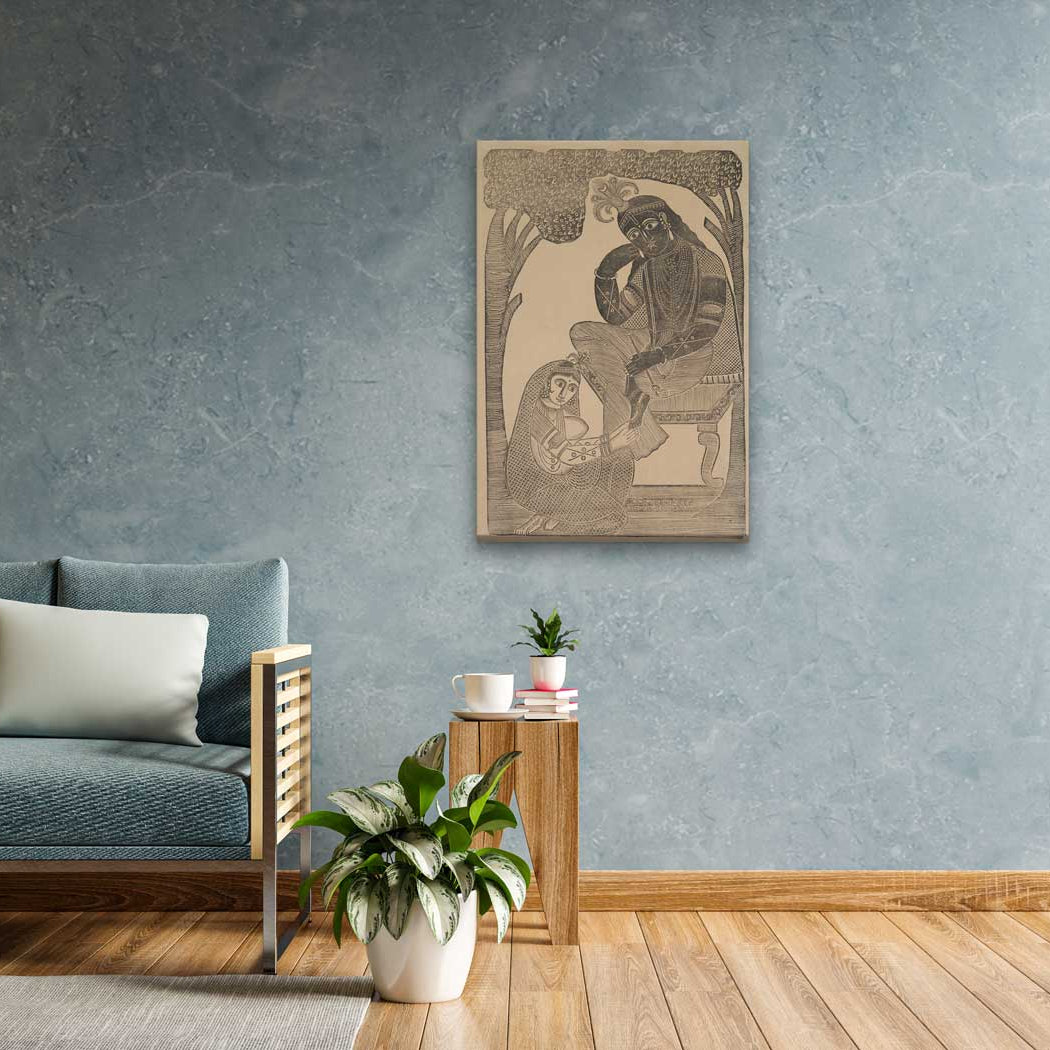Radha Stroking Krishna's Feet Painting 2 : 3 Vertical Premium Wall Art Canvas by MeriDeewar