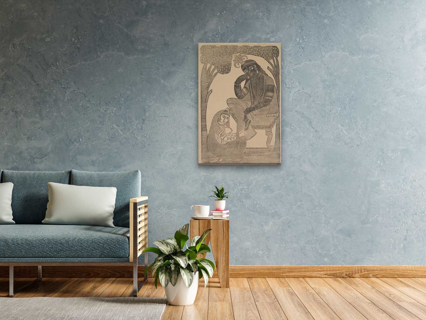 Radha Stroking Krishna's Feet Painting 2 : 3 Vertical Premium Wall Art Canvas by MeriDeewar