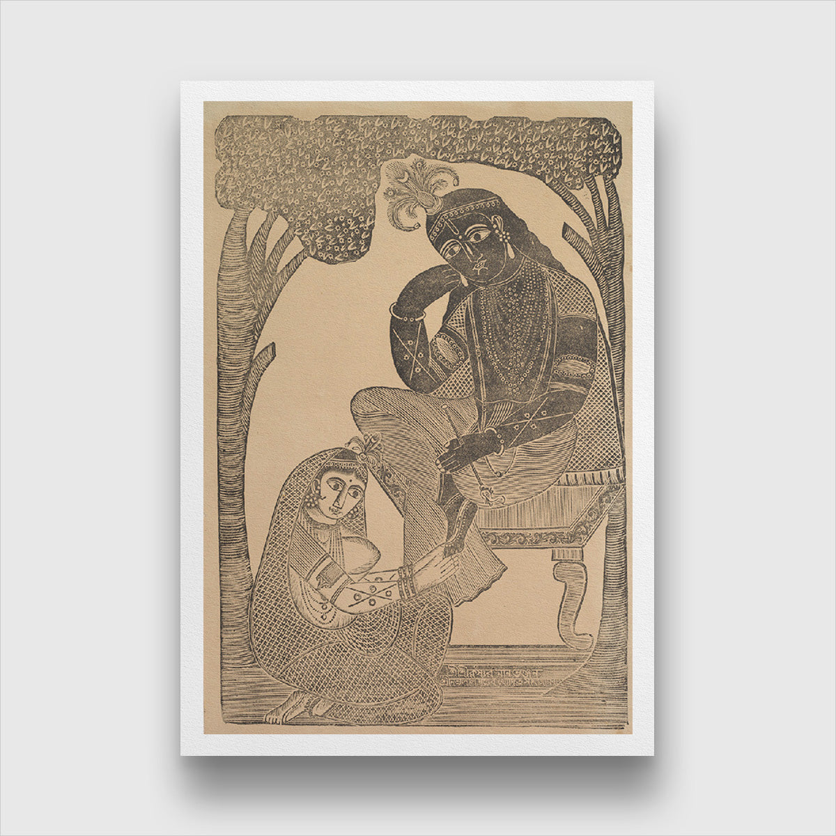 Radha Stroking Krishna's Feet Painting 2 : 3 Vertical Premium Wall Art Canvas by MeriDeewar