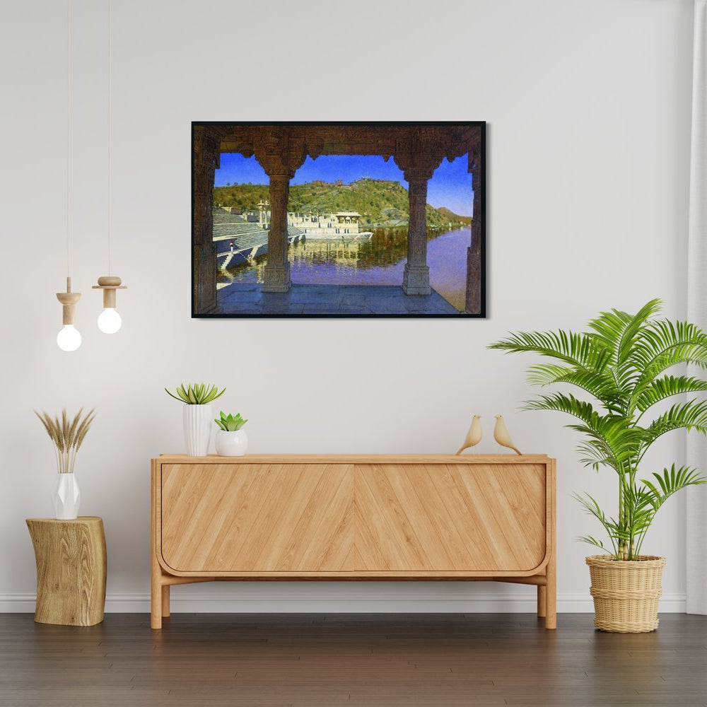 Radzhnagar marble adorned with bas reliefs quay on the lake in udaipur Painting - Meri Deewar 3 : 2 Horizontal Premium Wall Art Canvas by MeriDeewar