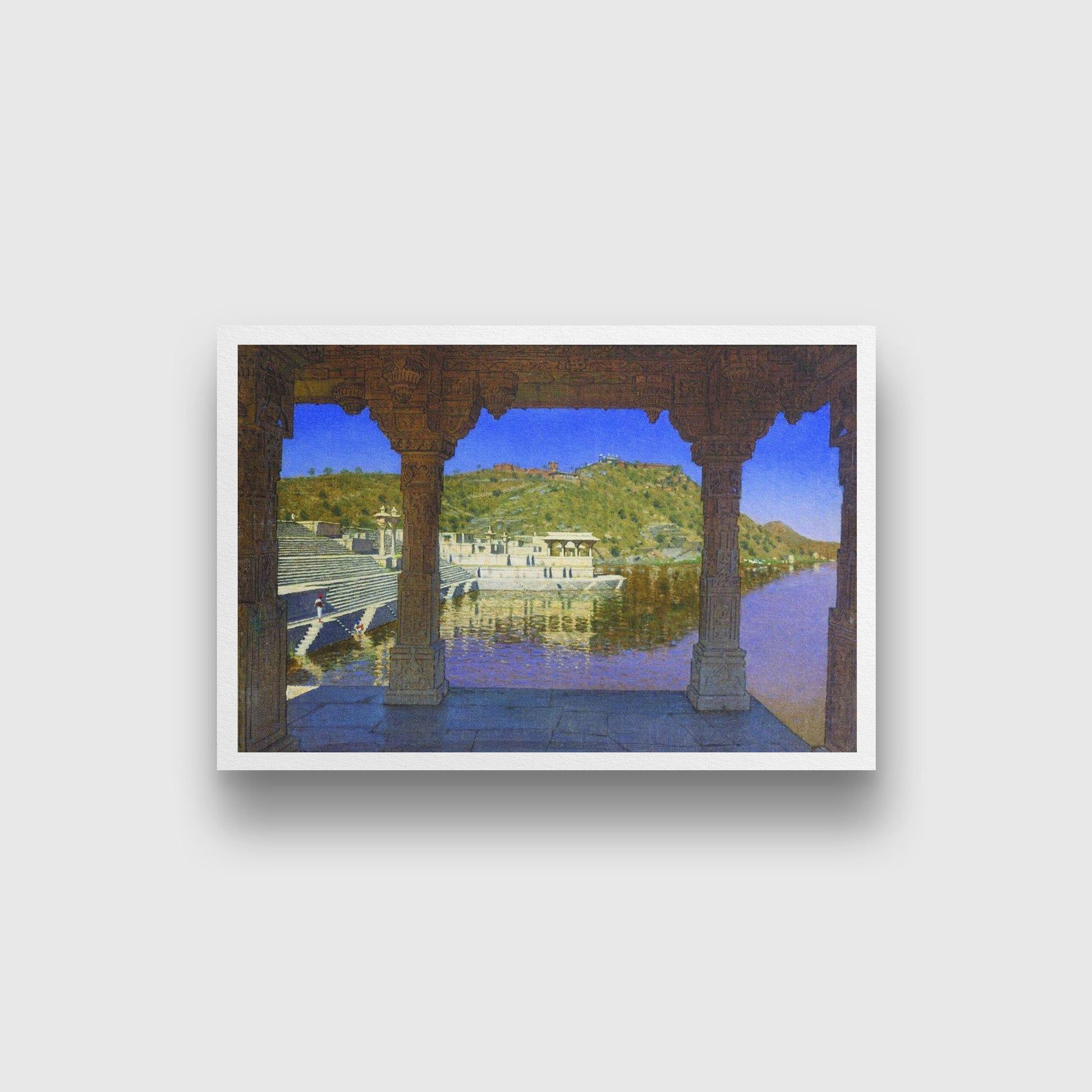 Radzhnagar marble adorned with bas reliefs quay on the lake in udaipur Painting - Meri Deewar 3 : 2 Horizontal Premium Wall Art Canvas by MeriDeewar