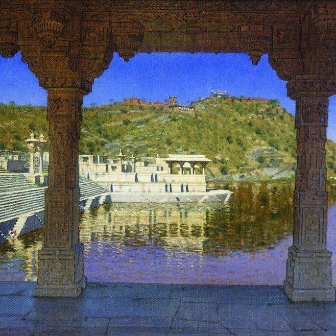 Radzhnagar marble adorned with bas reliefs quay on the lake in udaipur Painting - Meri Deewar 3 : 2 Horizontal Premium Wall Art Canvas by MeriDeewar