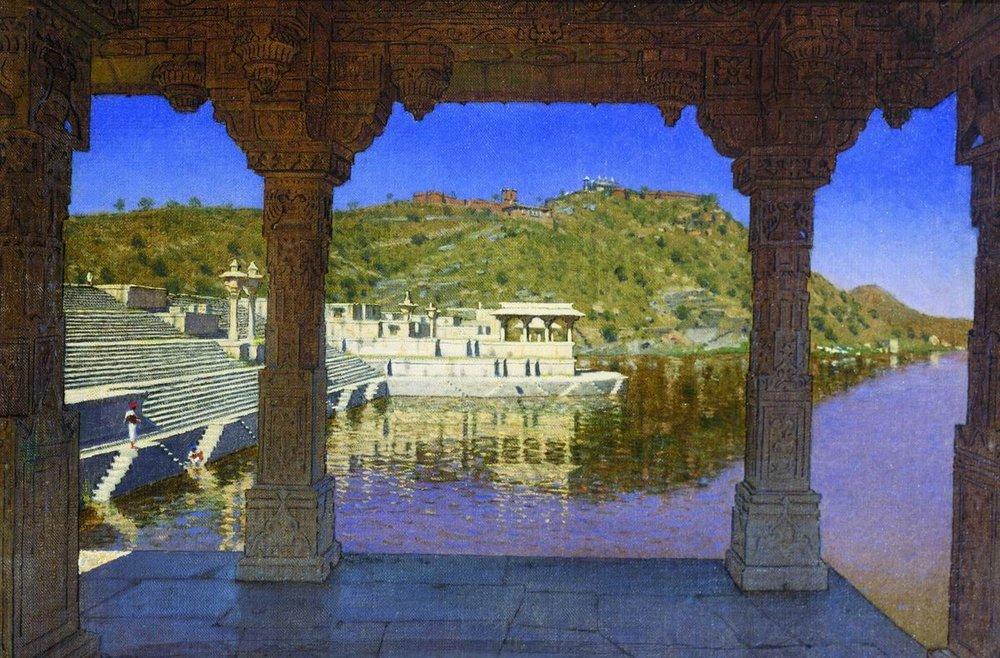 Radzhnagar marble adorned with bas reliefs quay on the lake in udaipur Painting - Meri Deewar 3 : 2 Horizontal Premium Wall Art Canvas by MeriDeewar