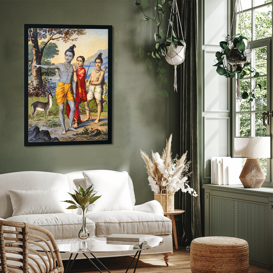 Rama In The Forest With Sita And Lakshman Painting - Meri Deewar 2 : 3 Vertical Premium Wall Art Canvas by MeriDeewar