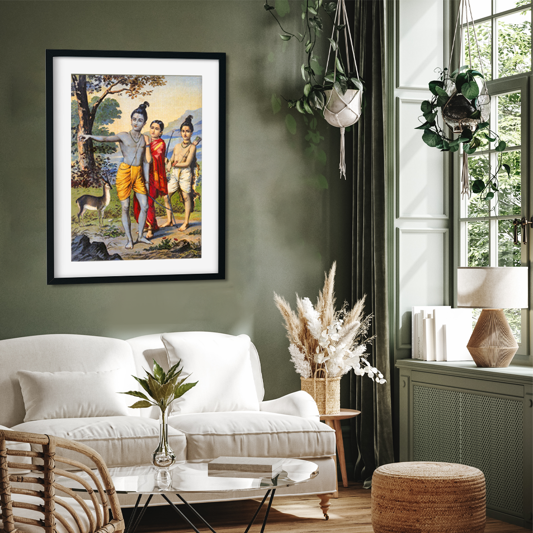 Rama In The Forest With Sita And Lakshman Painting - Meri Deewar 2 : 3 Vertical Premium Wall Art Canvas by MeriDeewar