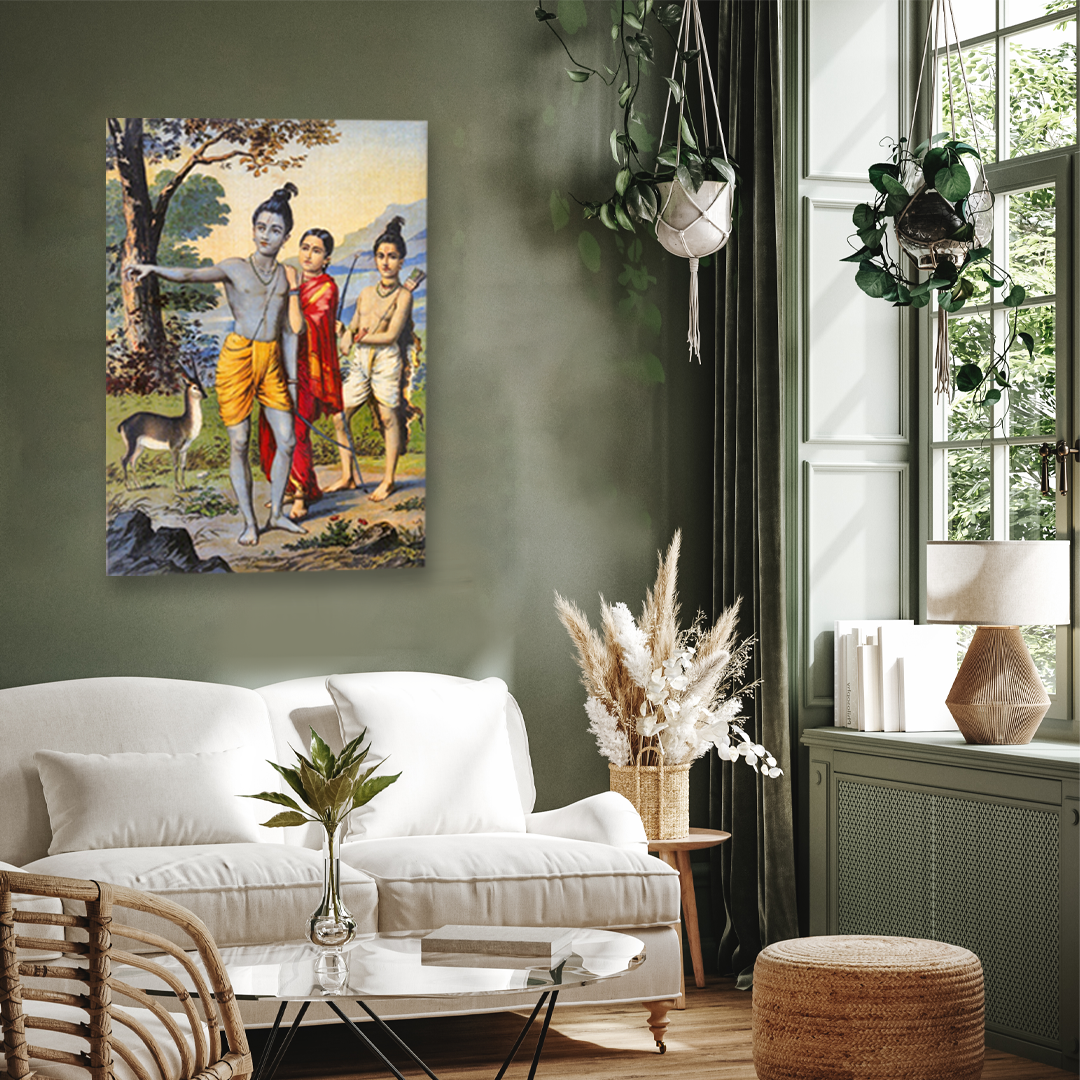 Rama In The Forest With Sita And Lakshman Painting - Meri Deewar 2 : 3 Vertical Premium Wall Art Canvas by MeriDeewar