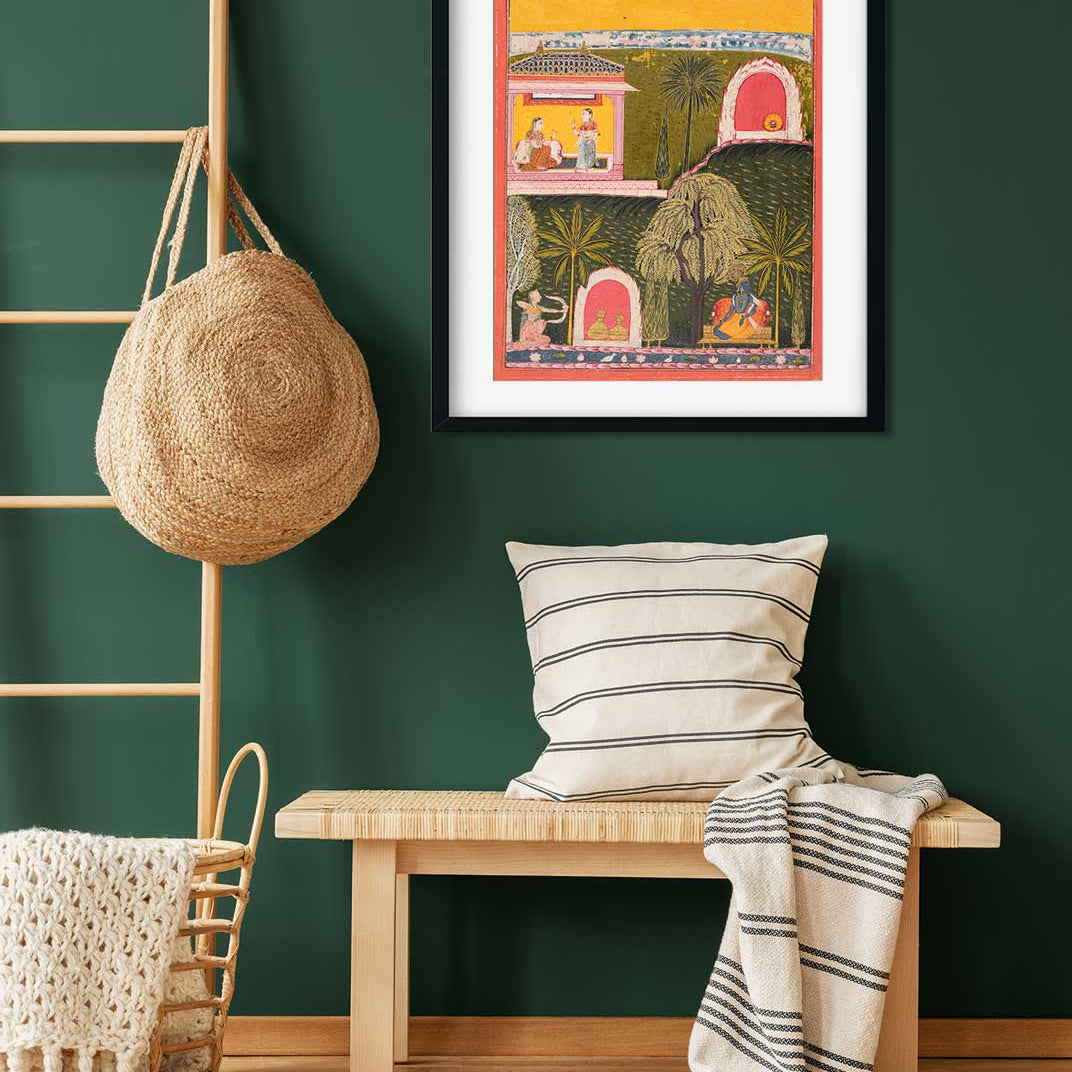 Rati the Goddess of Erotic Love Takes Aim at Krishna from a Rasikapriya Painting 4 :5 Vertical Premium Wall Art Canvas by MeriDeewar