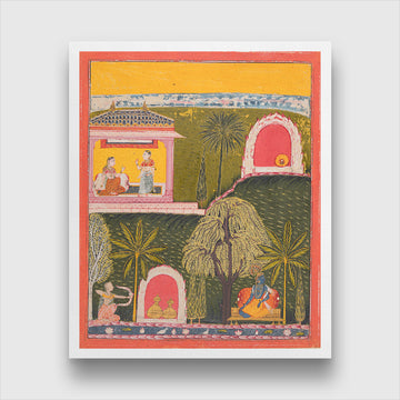 Rati the Goddess of Erotic Love Takes Aim at Krishna from a Rasikapriya Painting 4 :5 Vertical Premium Wall Art Canvas by MeriDeewar