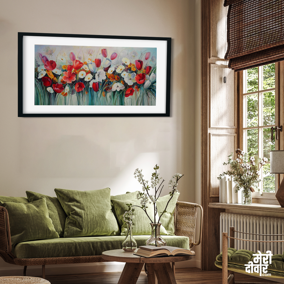 Red and White Tulips Flower Wall Painting 4 : 3 Horizontal Premium Wall Art Canvas by MeriDeewar