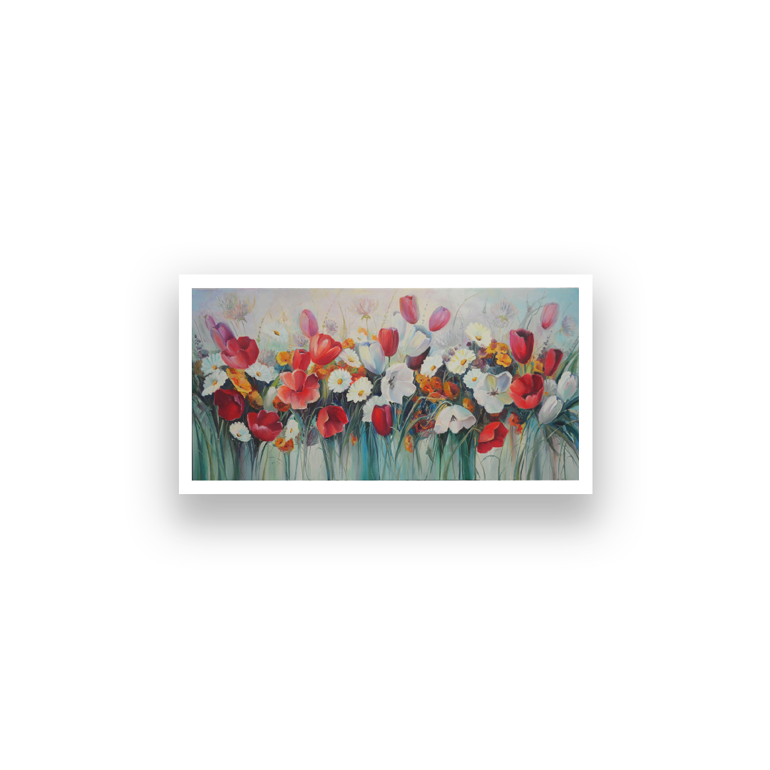 Red and White Tulips Flower Wall Painting 4 : 3 Horizontal Premium Wall Art Canvas by MeriDeewar