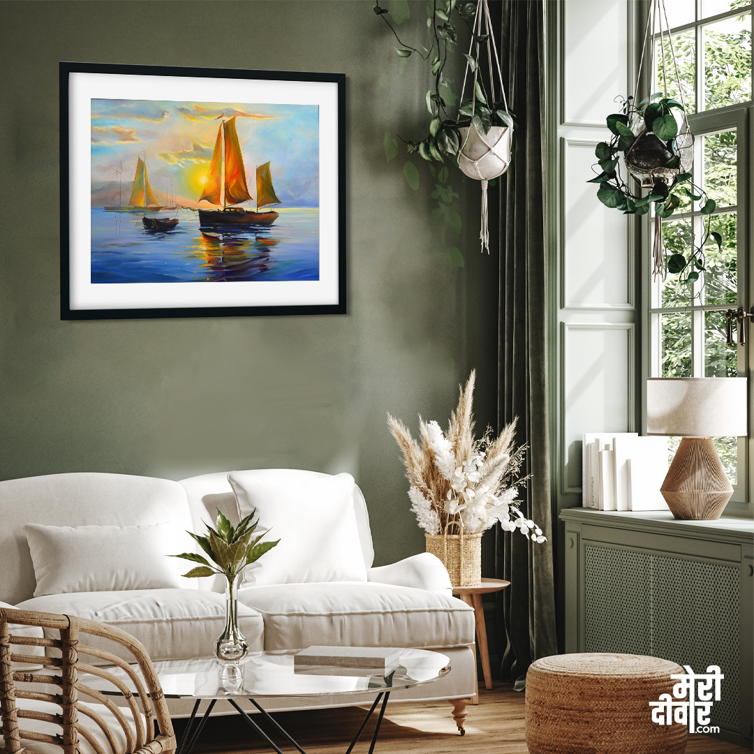 Sailboat With Sunset Wall Painting 4 : 3 Horizontal Premium Wall Art Canvas by MeriDeewar