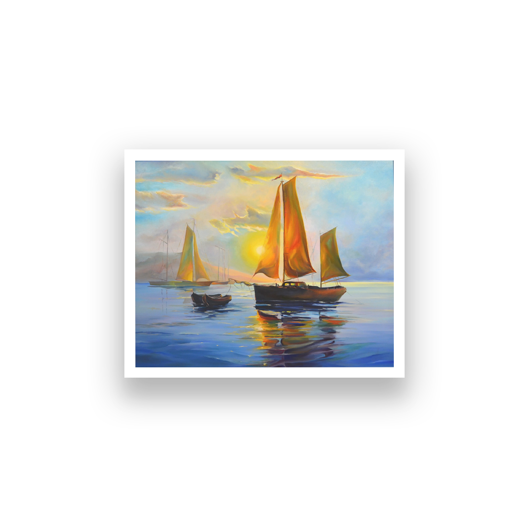 Sailboat With Sunset Wall Painting 4 : 3 Horizontal Premium Wall Art Canvas by MeriDeewar