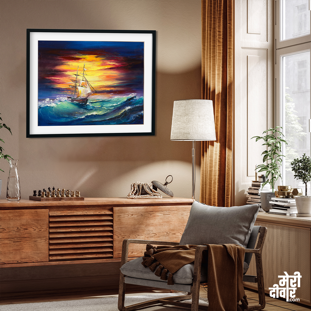 Sailboat With Sunset Wall Painting 5 : 4 Horizontal Premium Wall Art Canvas by MeriDeewar
