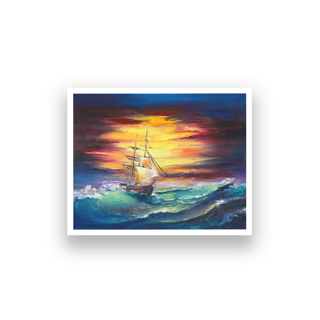 Sailboat With Sunset Wall Painting 5 : 4 Horizontal Premium Wall Art Canvas by MeriDeewar
