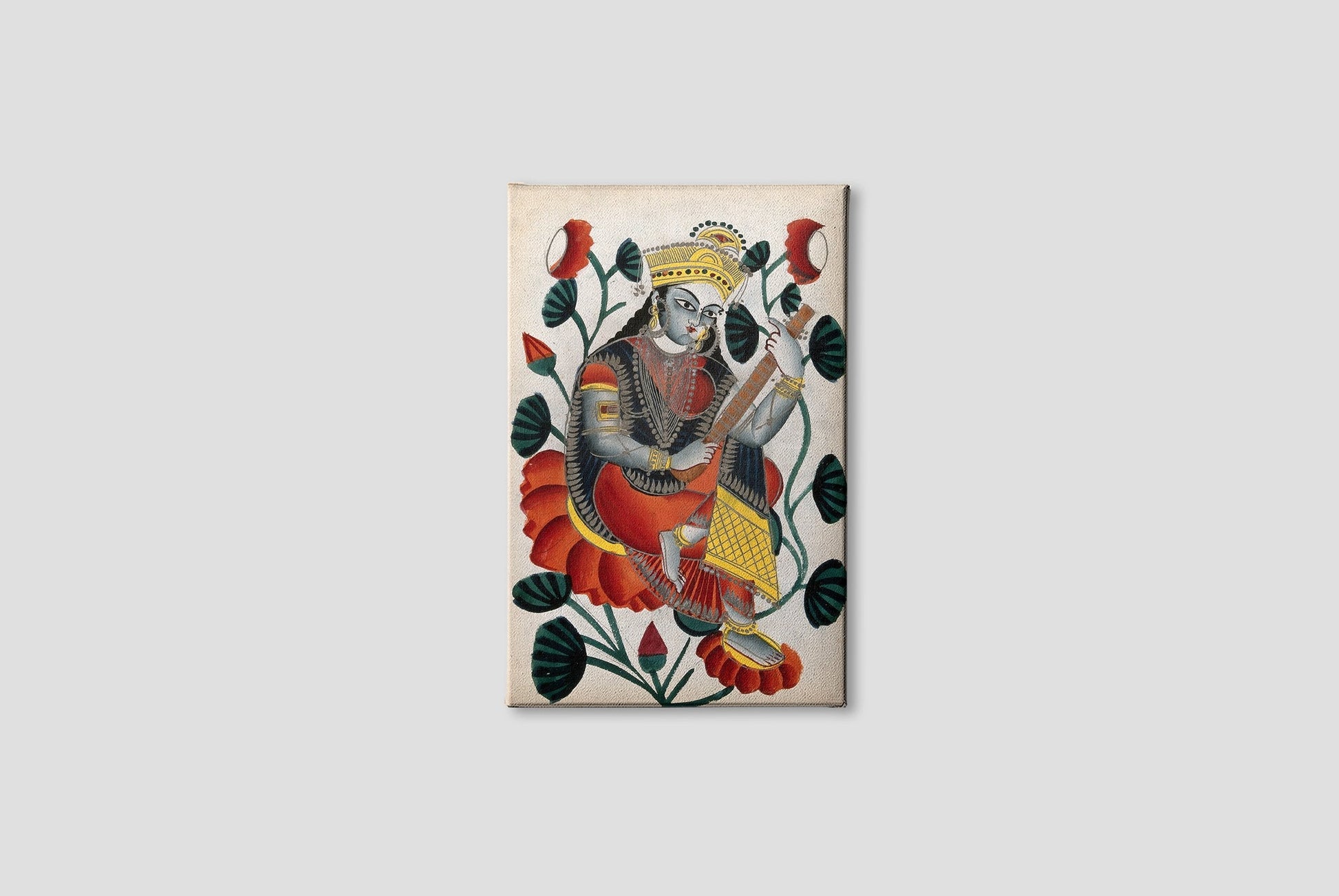 Sarasvati-sitting-on-lotuses-plying-her-vina.-Watercolour-drawing Painting - Meri Deewar 2 : 3 Vertical Premium Wall Art Canvas by MeriDeewar