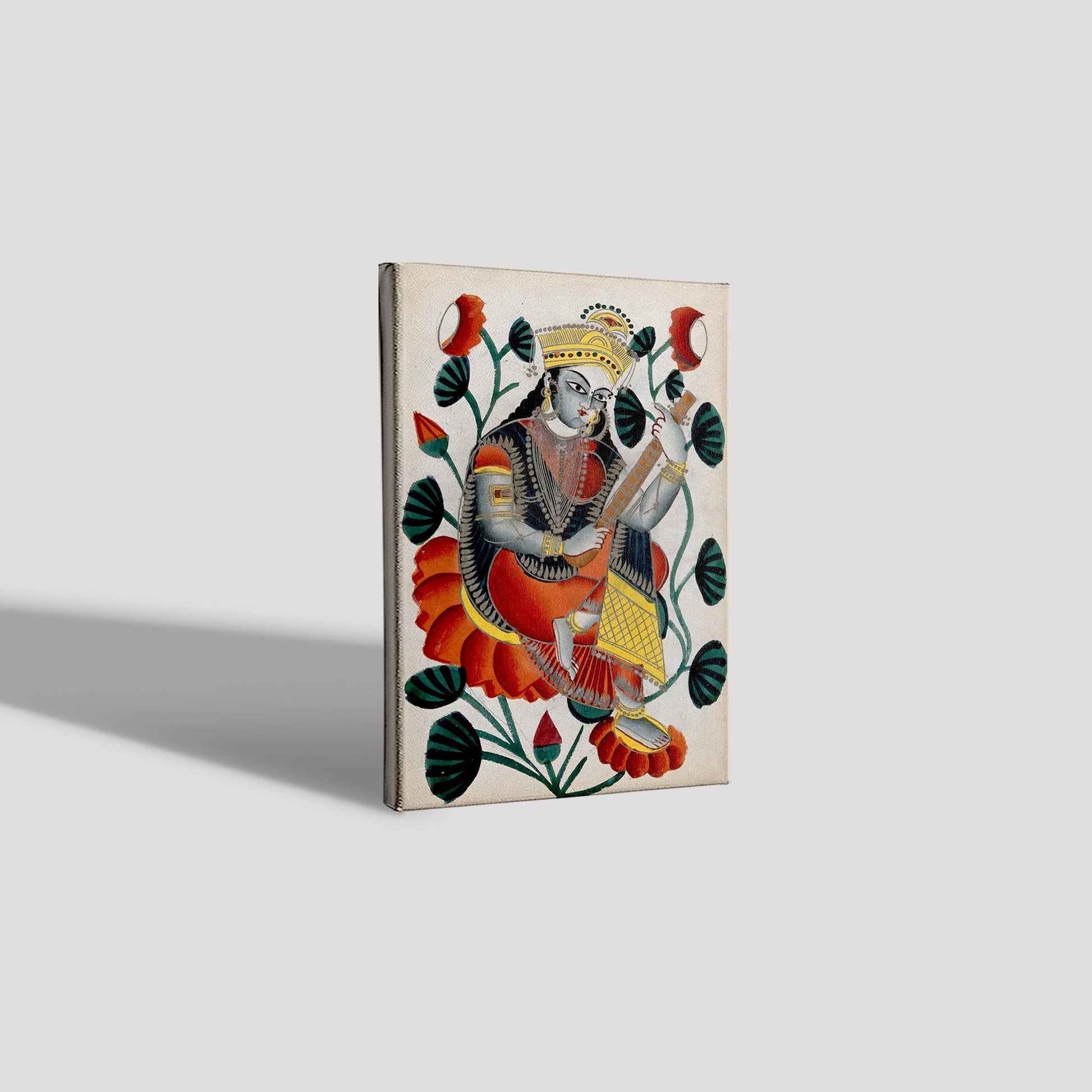Sarasvati-sitting-on-lotuses-plying-her-vina.-Watercolour-drawing Painting - Meri Deewar 2 : 3 Vertical Premium Wall Art Canvas by MeriDeewar