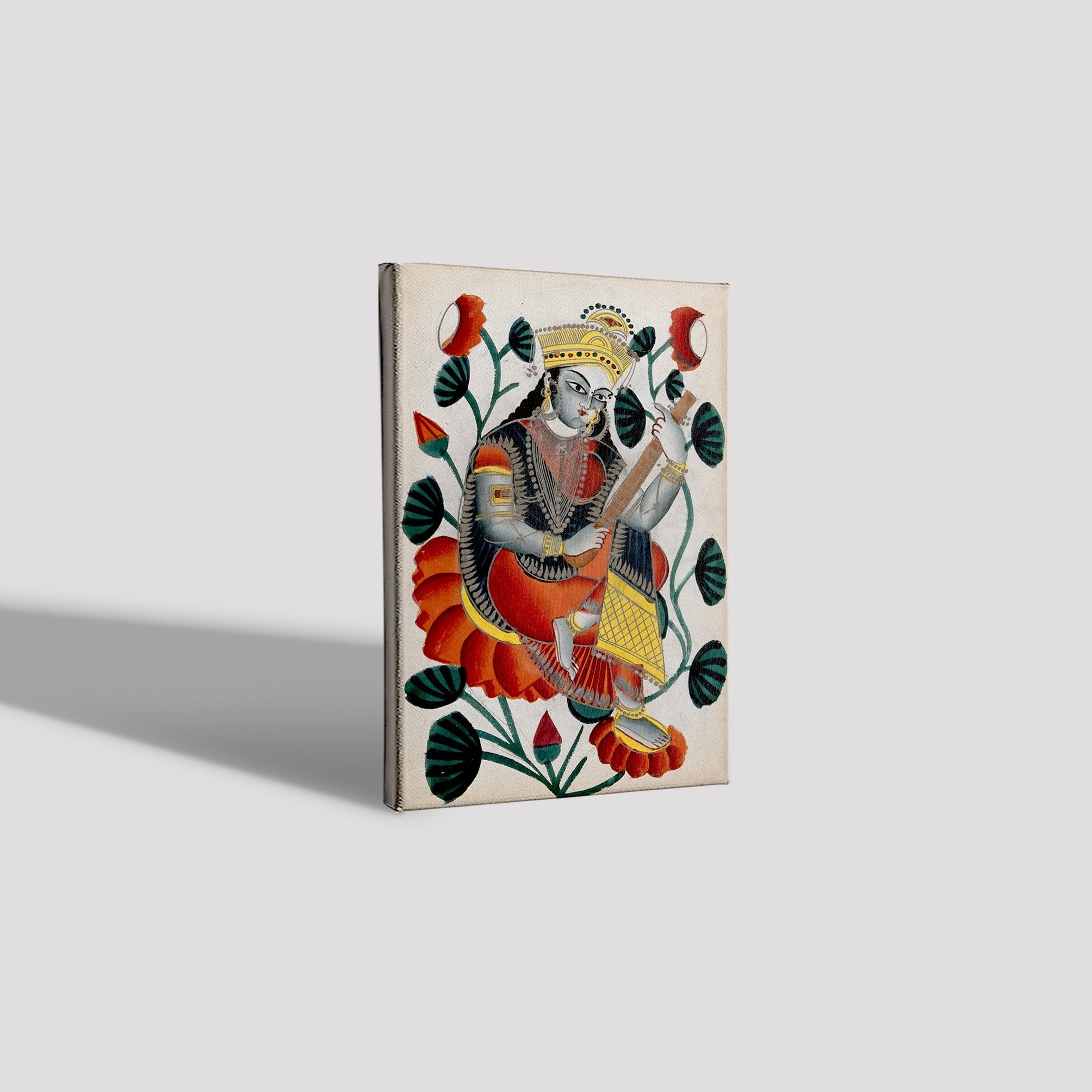Sarasvati-sitting-on-lotuses-plying-her-vina.-Watercolour-drawing Painting - Meri Deewar 2 : 3 Vertical Premium Wall Art Canvas by MeriDeewar