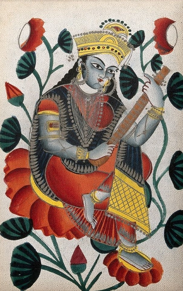Sarasvati-sitting-on-lotuses-plying-her-vina.-Watercolour-drawing Painting - Meri Deewar 2 : 3 Vertical Premium Wall Art Canvas by MeriDeewar