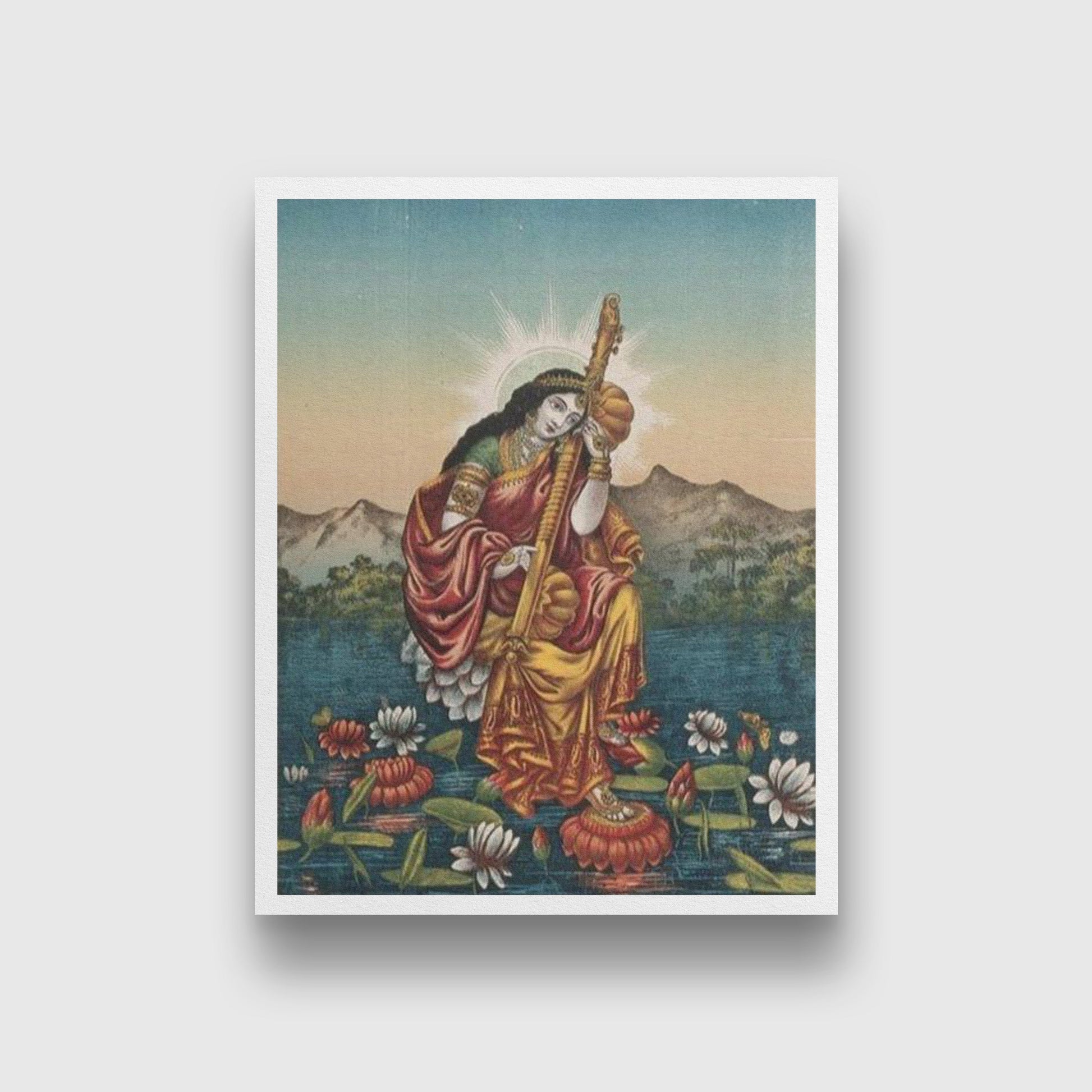 Sarasvati with a musical instrument, sitting on a lotus Painting - Meri Deewar 4 :5 Vertical Premium Wall Art Canvas by MeriDeewar