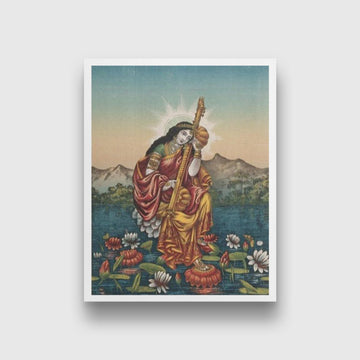 Sarasvati with a musical instrument, sitting on a lotus Painting - Meri Deewar 4 :5 Vertical Premium Wall Art Canvas by MeriDeewar