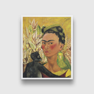 Self portrait with Monkey and Parrot Painting - Meri Deewar 4 :5 Vertical Premium Wall Art Canvas by MeriDeewar