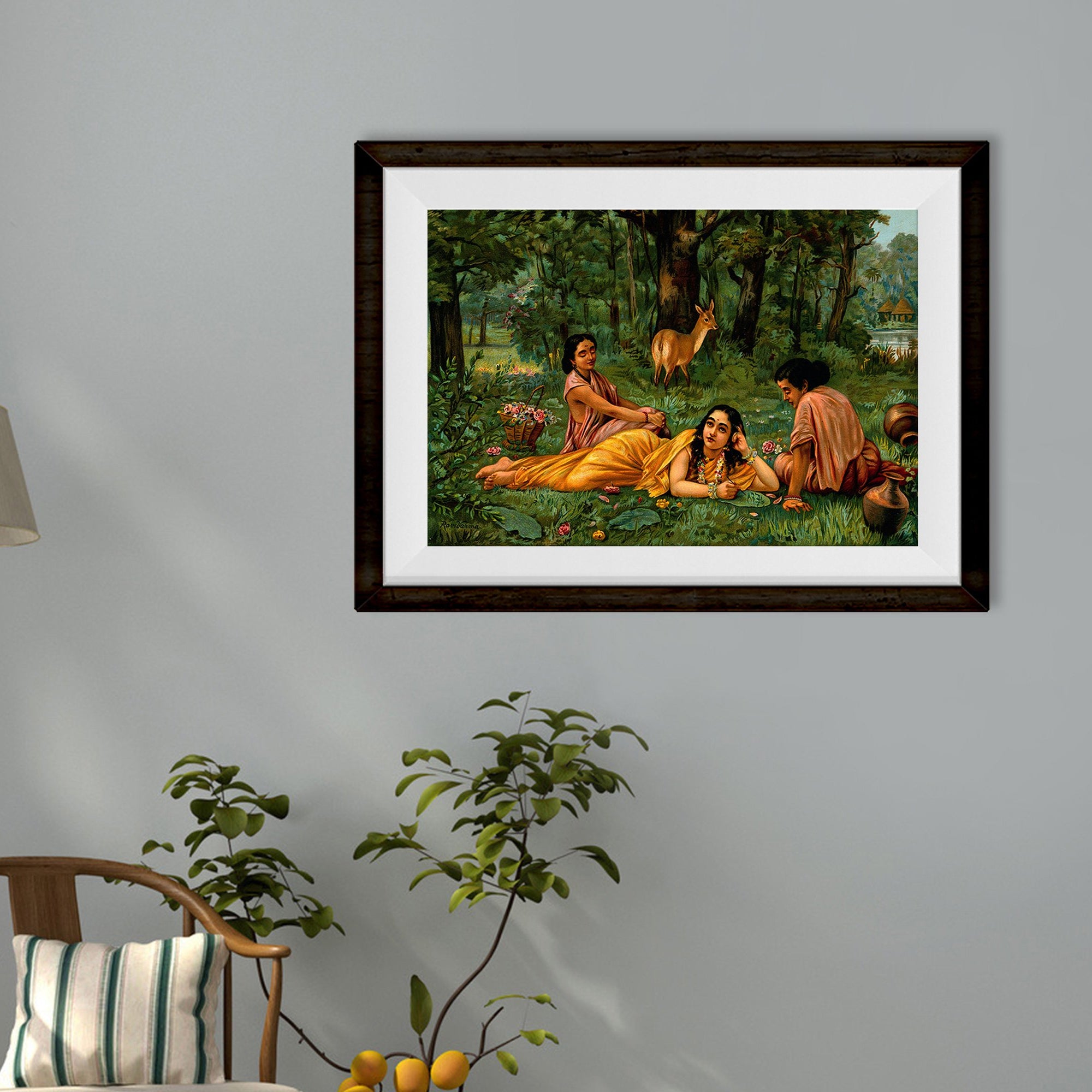Shakuntala in Garden, by Raja Ravi Varma Painting - Meri Deewar 3 : 2 Horizontal Premium Wall Art Canvas by MeriDeewar