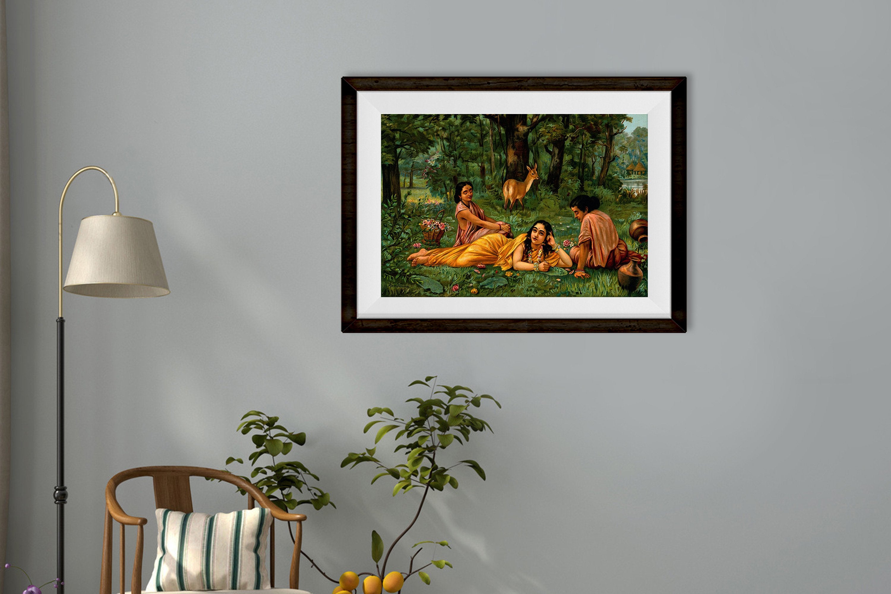 Shakuntala in Garden, by Raja Ravi Varma Painting - Meri Deewar 3 : 2 Horizontal Premium Wall Art Canvas by MeriDeewar
