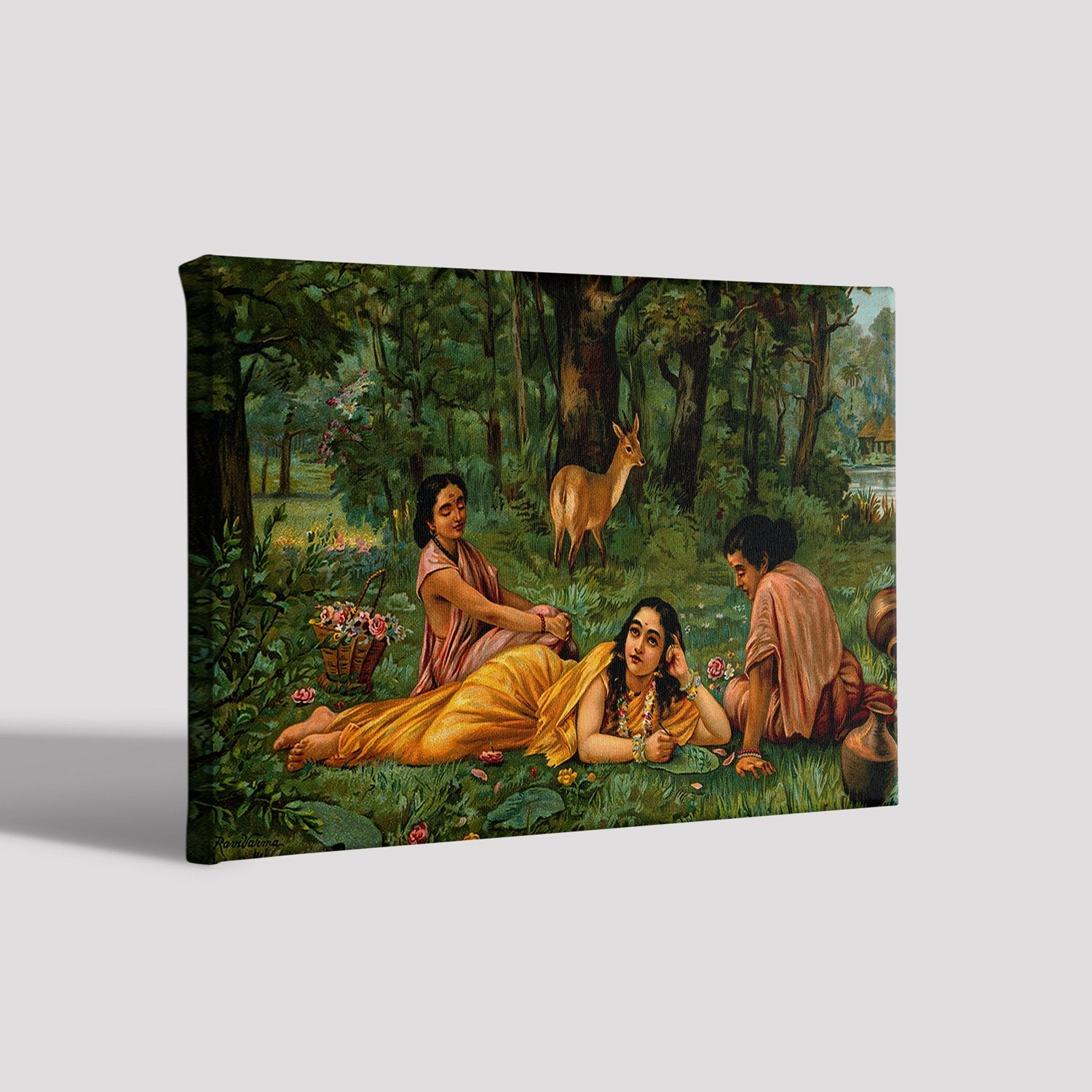 Shakuntala in Garden, by Raja Ravi Varma Painting - Meri Deewar 3 : 2 Horizontal Premium Wall Art Canvas by MeriDeewar