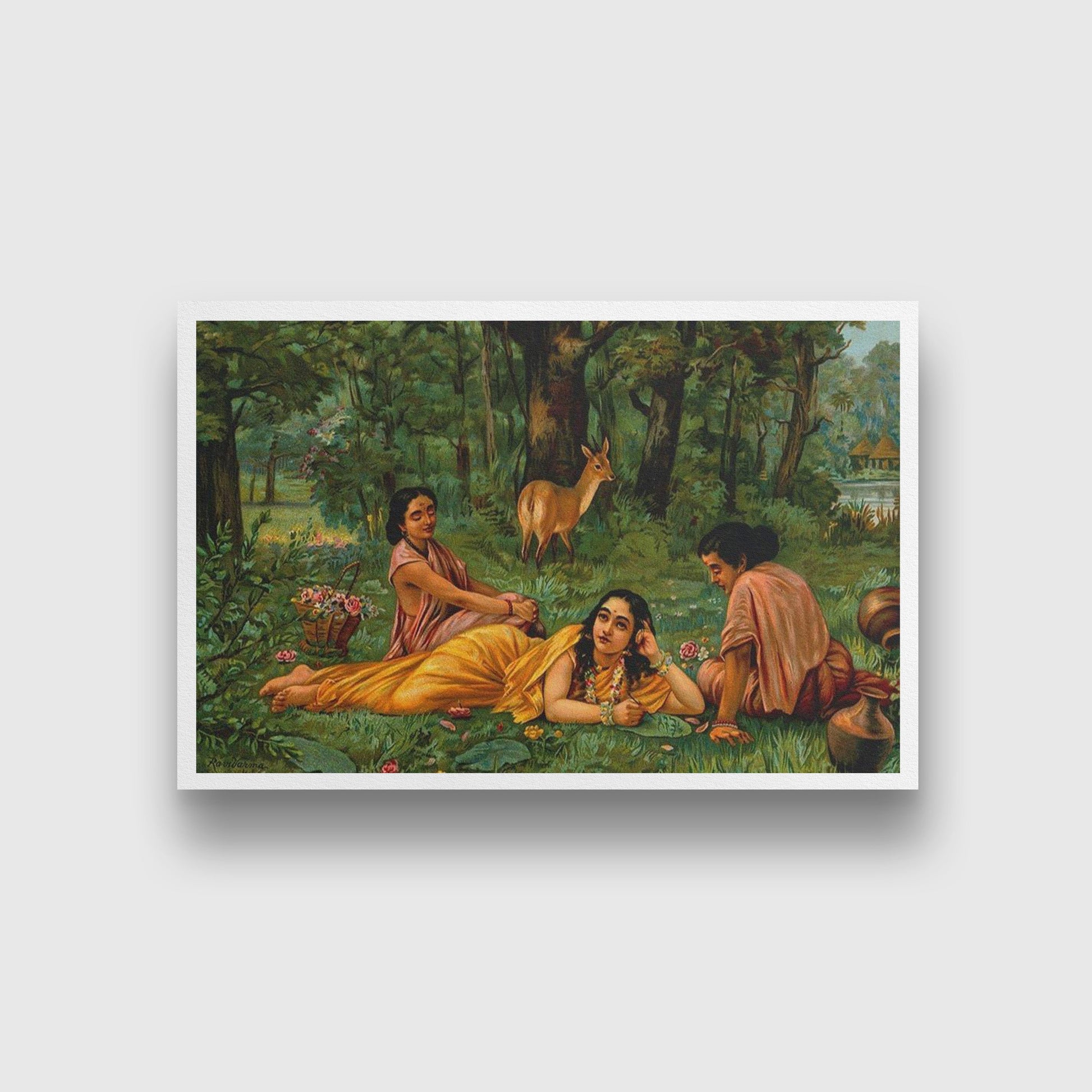 Shakuntala in Garden, by Raja Ravi Varma Painting - Meri Deewar 3 : 2 Horizontal Premium Wall Art Canvas by MeriDeewar