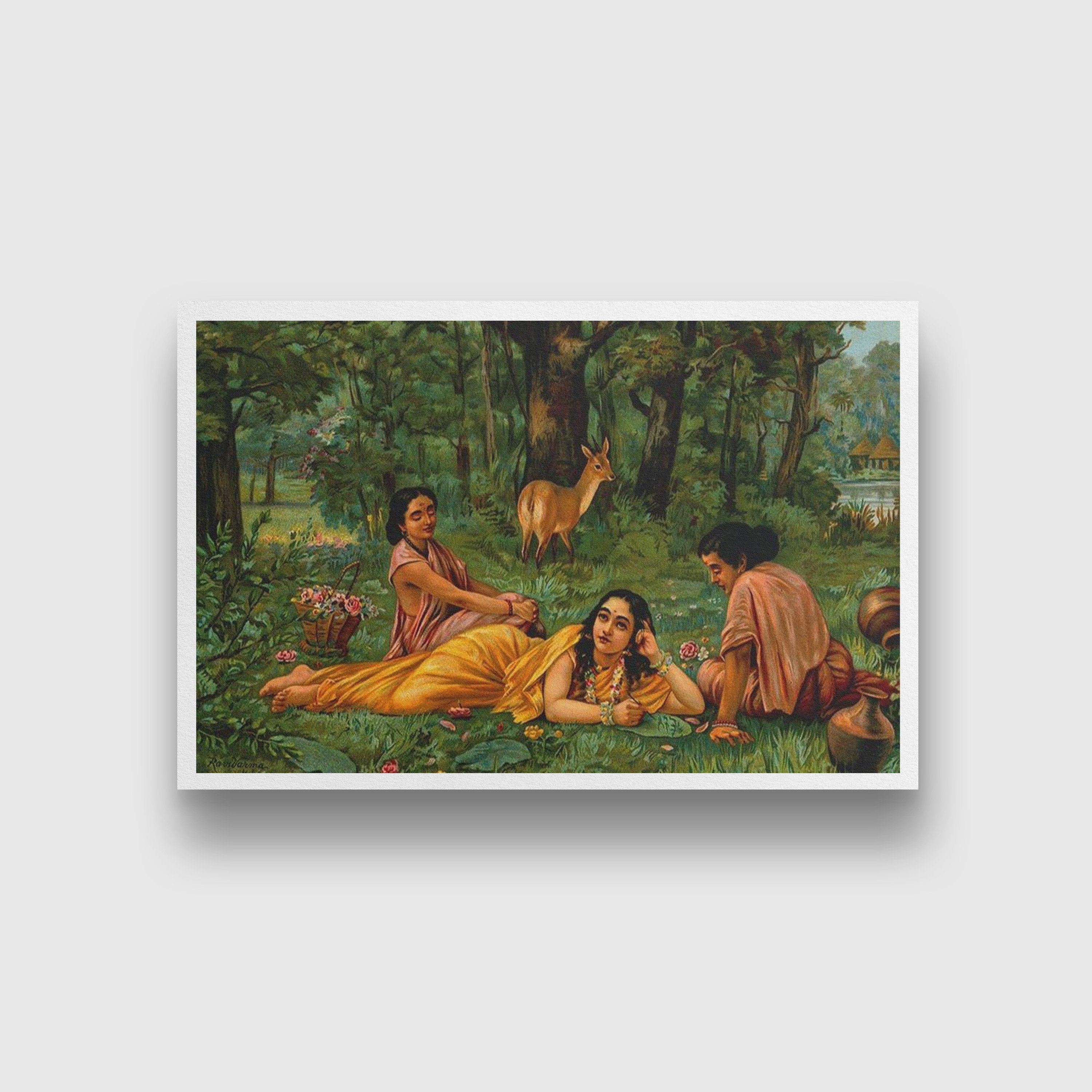 Shakuntala in Garden, by Raja Ravi Varma Painting - Meri Deewar 3 : 2 Horizontal Premium Wall Art Canvas by MeriDeewar