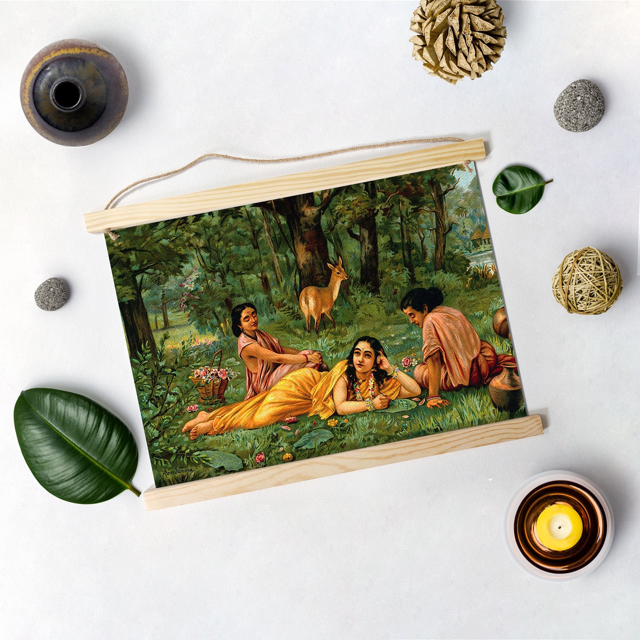 Shakuntala In Garden, Painting By Raja Ravi Varma Hanging Canvas - Meri Deewar Hanging Canvas Premium Wall Art Canvas by MeriDeewar