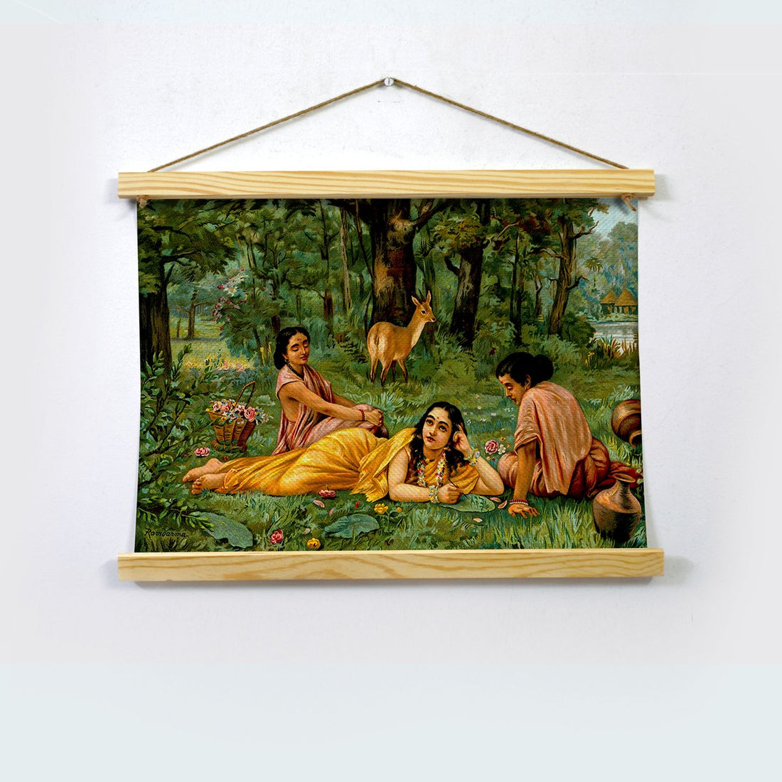 Shakuntala In Garden, Painting By Raja Ravi Varma Hanging Canvas - Meri Deewar Hanging Canvas Premium Wall Art Canvas by MeriDeewar