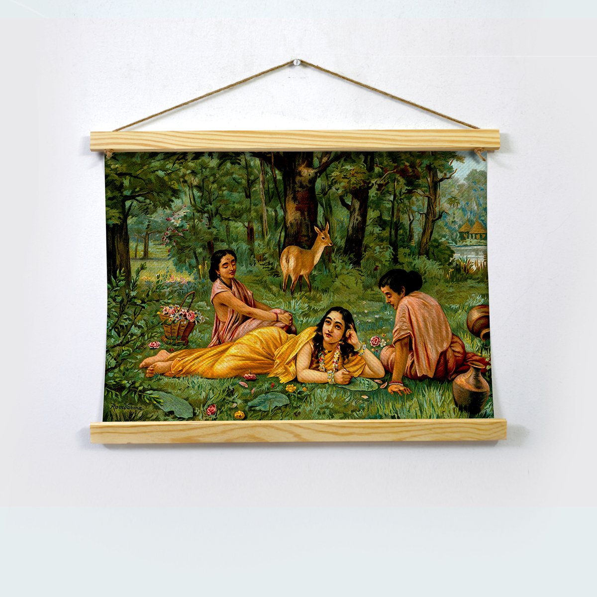 Shakuntala In Garden, Painting By Raja Ravi Varma Hanging Canvas - Meri Deewar Hanging Canvas Premium Wall Art Canvas by MeriDeewar