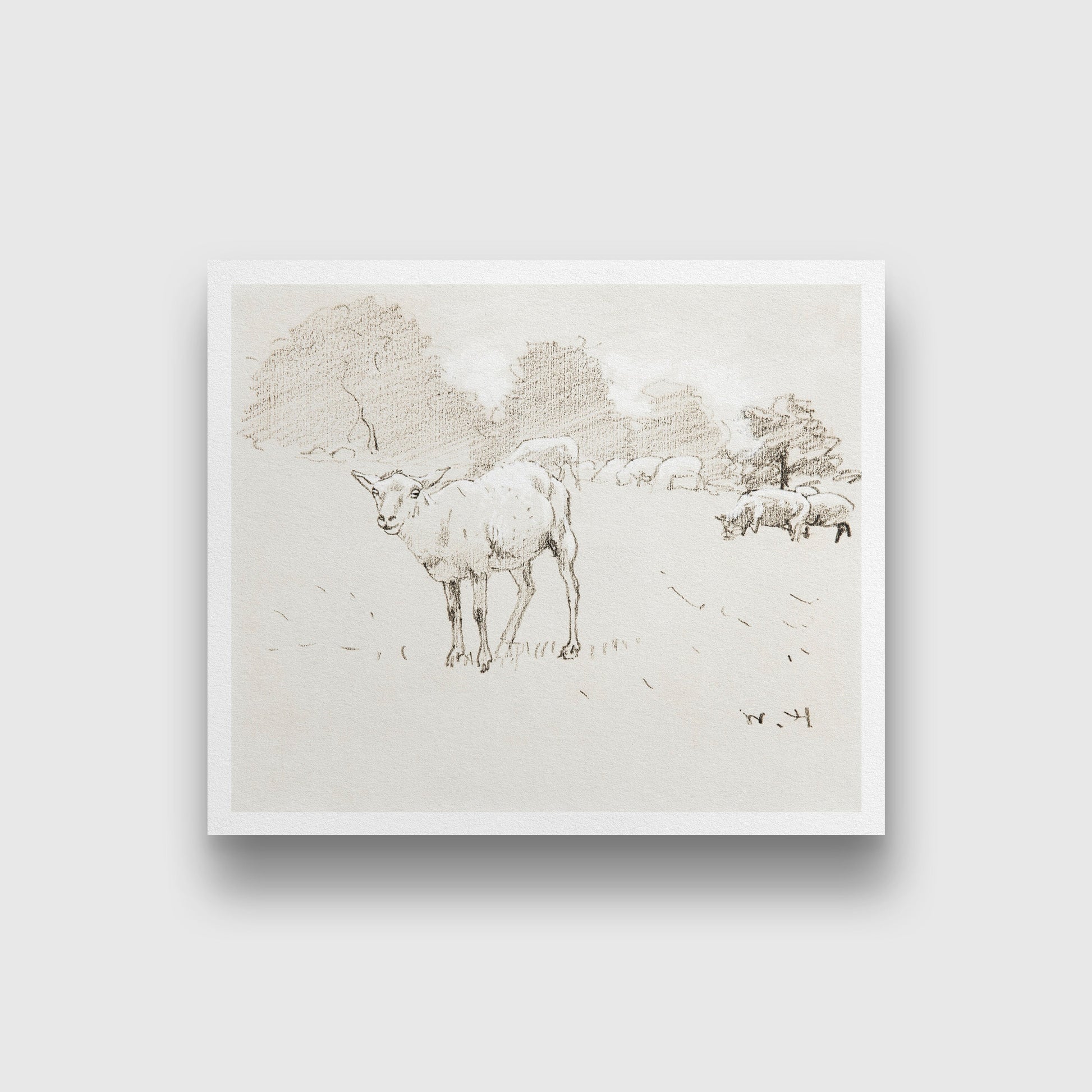 Sheep Grazing in a Field painting - Meri Deewar 6 : 5 Horizontal Premium Wall Art Canvas by MeriDeewar