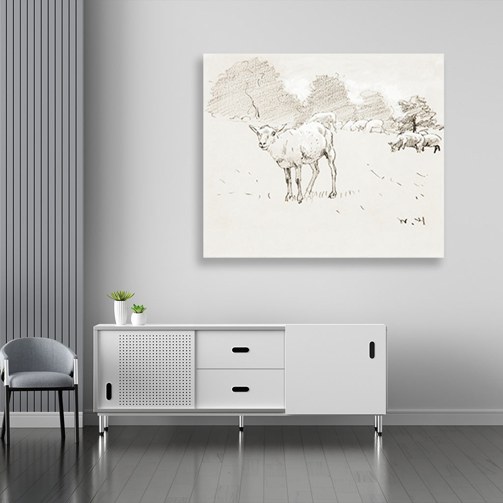 Sheep Grazing in a Field painting - Meri Deewar 6 : 5 Horizontal Premium Wall Art Canvas by MeriDeewar
