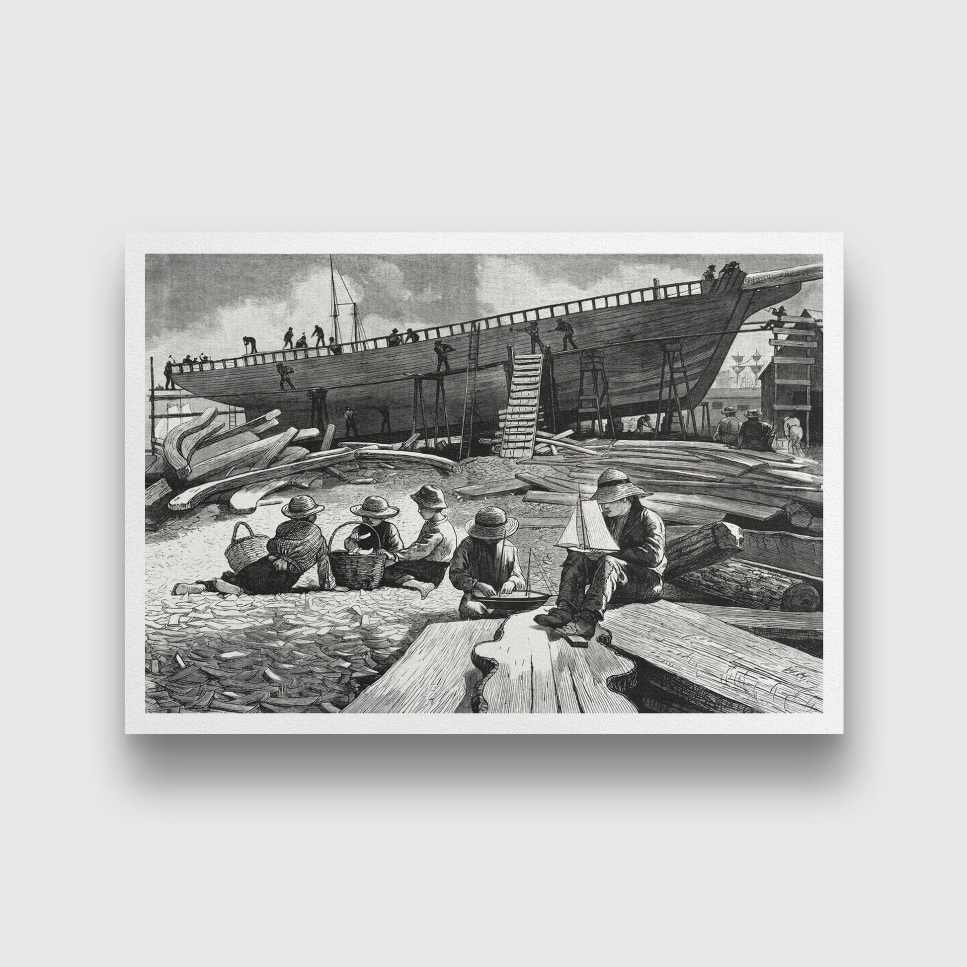 Ship-Building, Gloucester Harbor painting - Meri Deewar 3 : 2 Horizontal Premium Wall Art Canvas by MeriDeewar