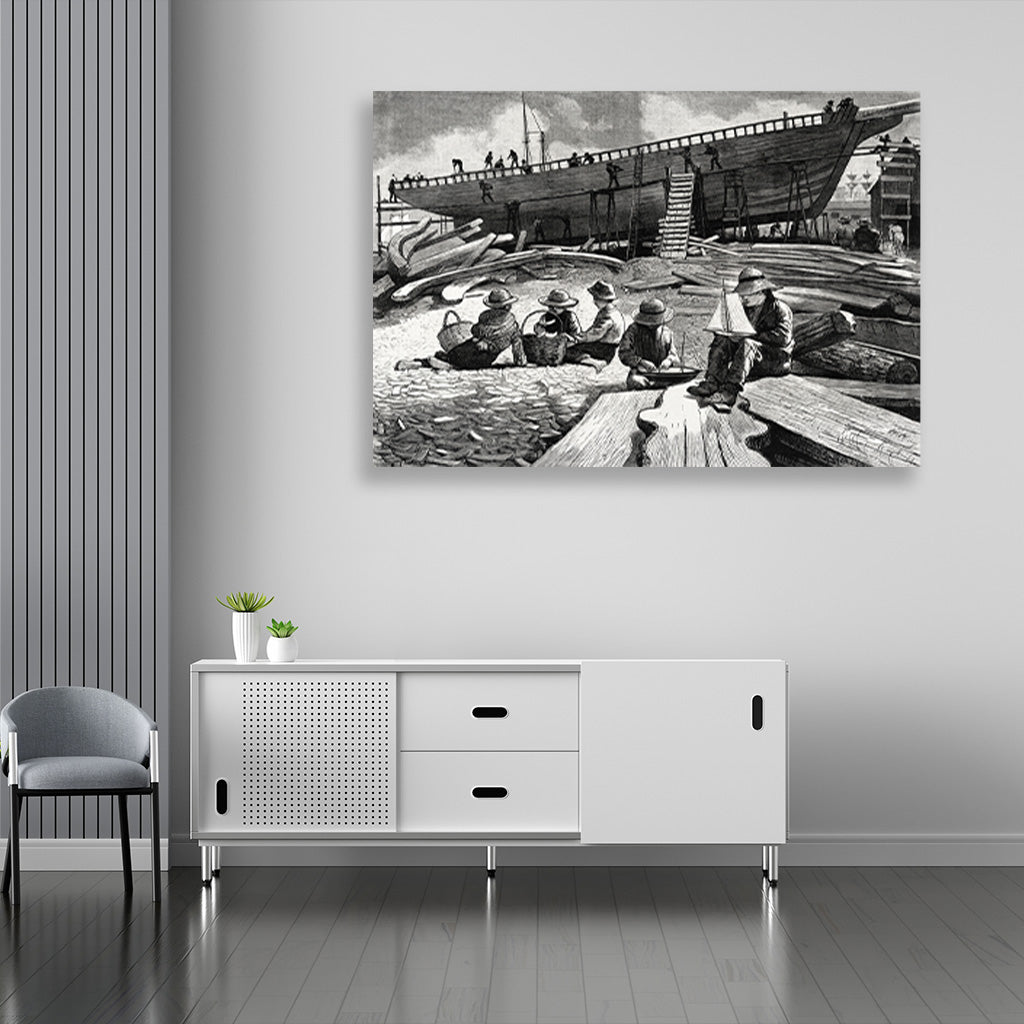 Ship-Building, Gloucester Harbor painting - Meri Deewar 3 : 2 Horizontal Premium Wall Art Canvas by MeriDeewar