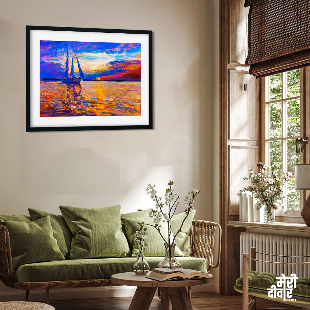 Ship During Sunset With Black Floating Wall Painting 4 : 3 Horizontal Premium Wall Art Canvas by MeriDeewar