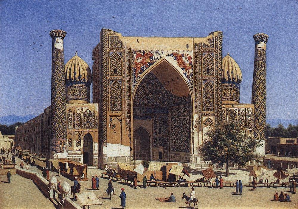Shir dor madrasah in registan square in samarkand Painting - Meri Deewar 4 : 3 Horizontal Premium Wall Art Canvas by MeriDeewar