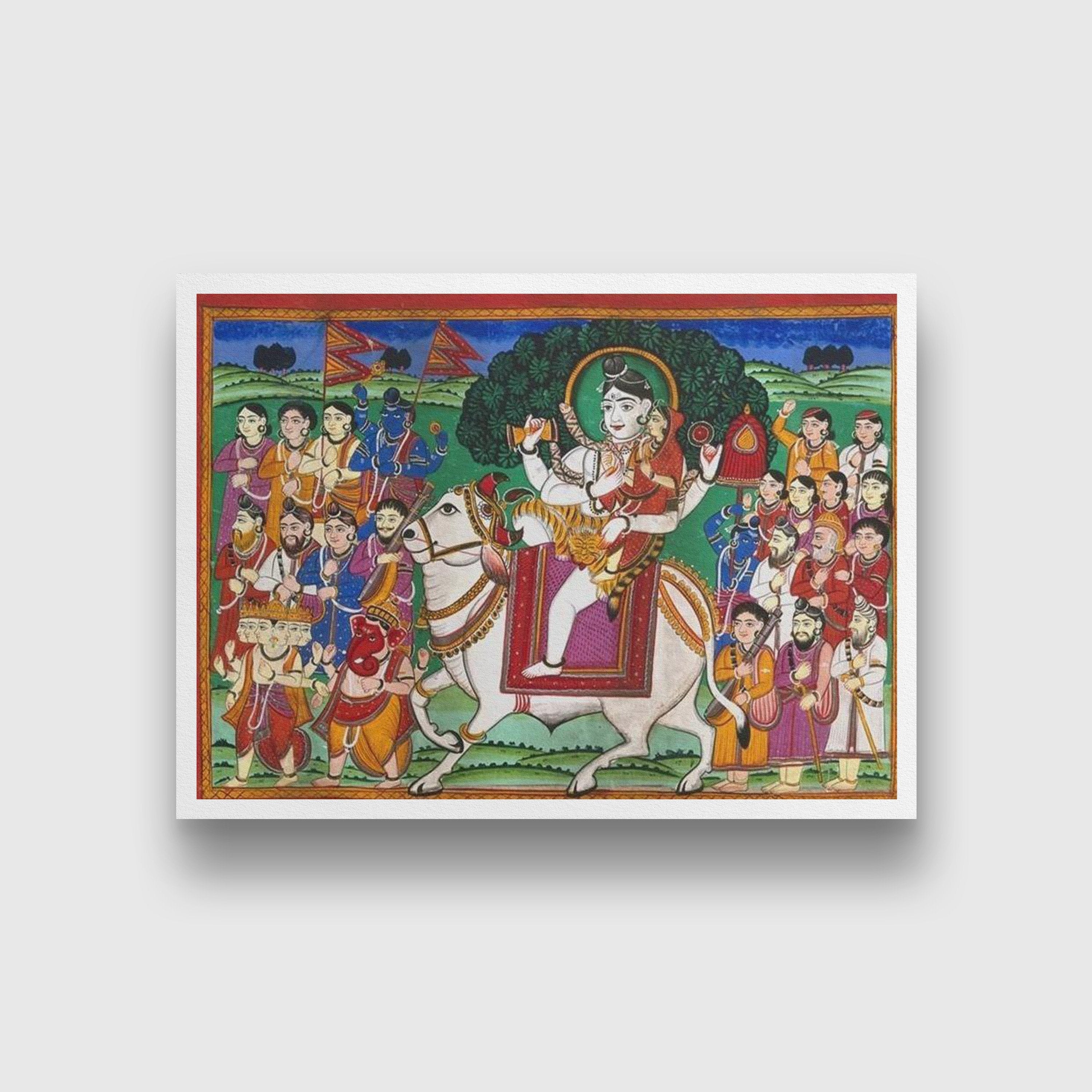 Shiva and Parvati mounted on Nandi bull Painting - Meri Deewar 4 : 3 Horizontal Premium Wall Art Canvas by MeriDeewar