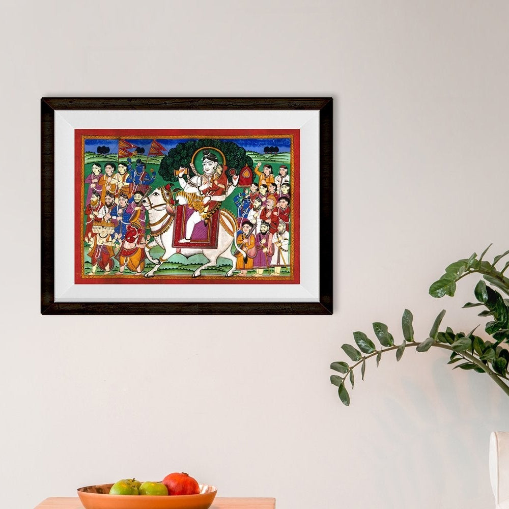 Shiva and Parvati mounted on Nandi bull Painting - Meri Deewar 4 : 3 Horizontal Premium Wall Art Canvas by MeriDeewar