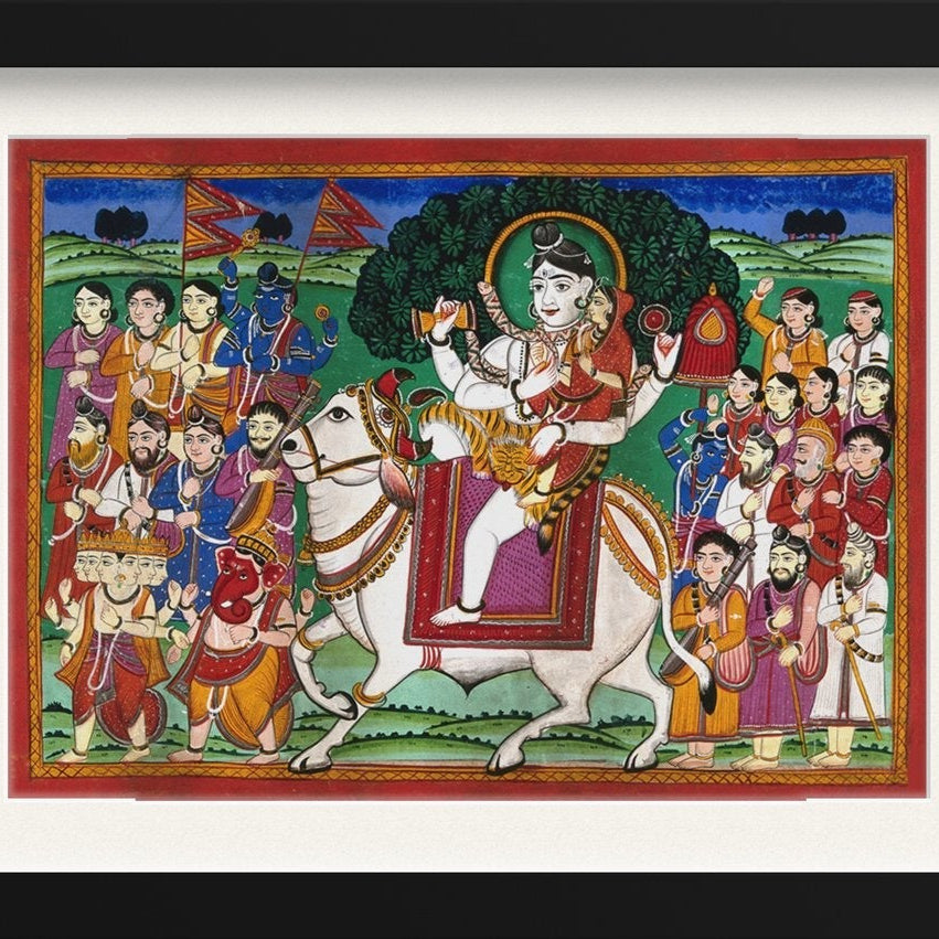 Shiva and Parvati mounted on Nandi bull Painting - Meri Deewar 4 : 3 Horizontal Premium Wall Art Canvas by MeriDeewar