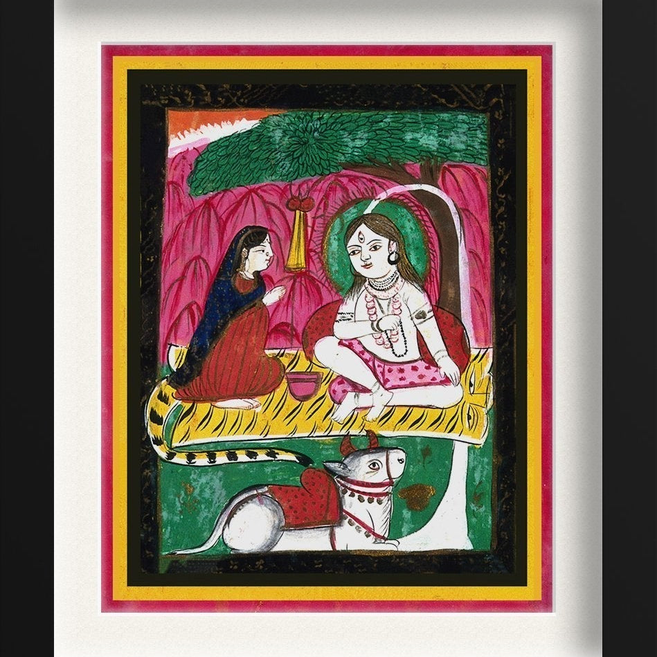 Shiva and Parvati seated with Nandi bull Painting - Meri Deewar 3 : 4 Vertical Premium Wall Art Canvas by MeriDeewar