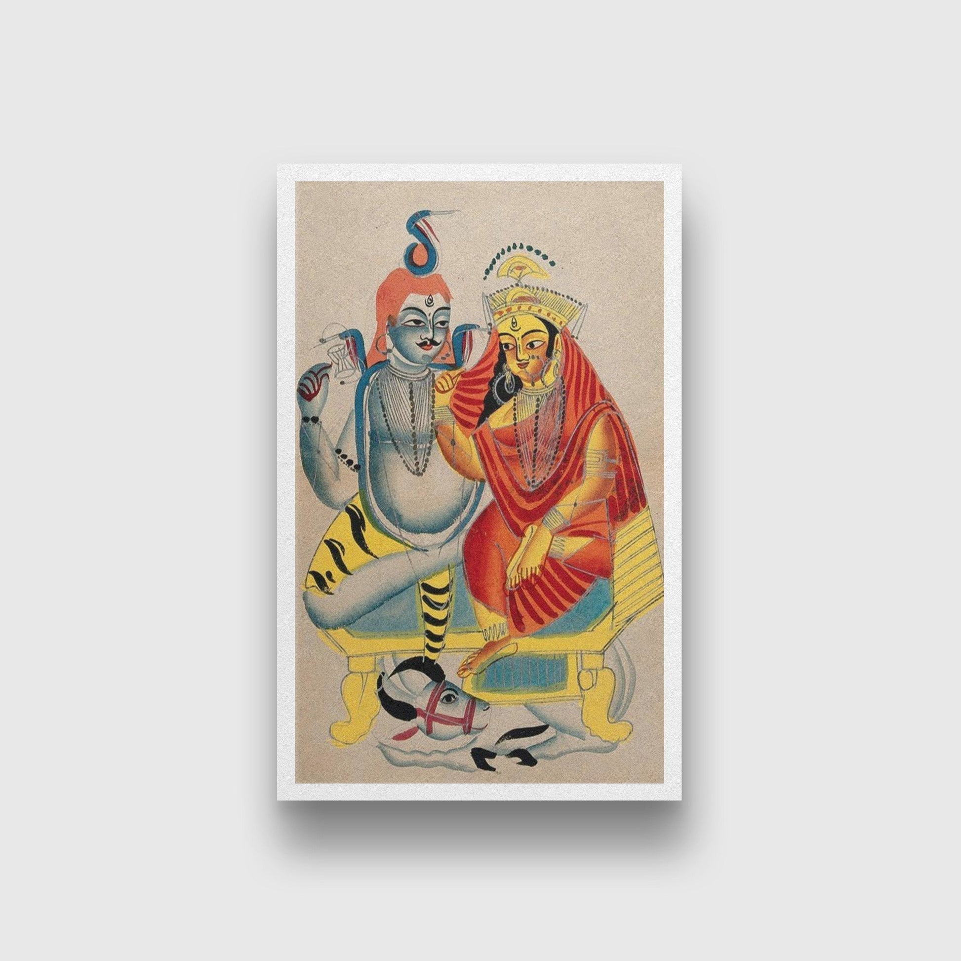 Shiva and Parvati sitting on their throne with Nandi the bull Painting - Meri Deewar 2 : 3 Vertical Premium Wall Art Canvas by MeriDeewar