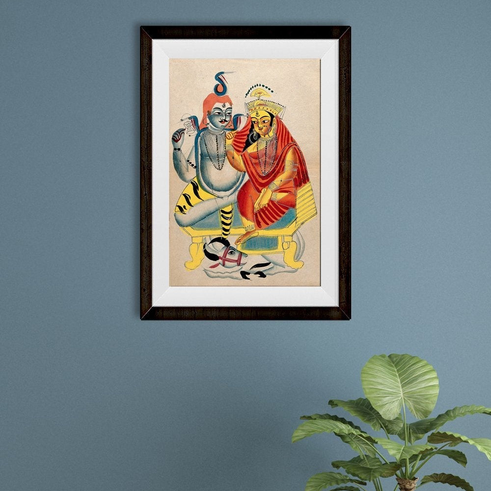 Shiva and Parvati sitting on their throne with Nandi the bull Painting - Meri Deewar 2 : 3 Vertical Premium Wall Art Canvas by MeriDeewar