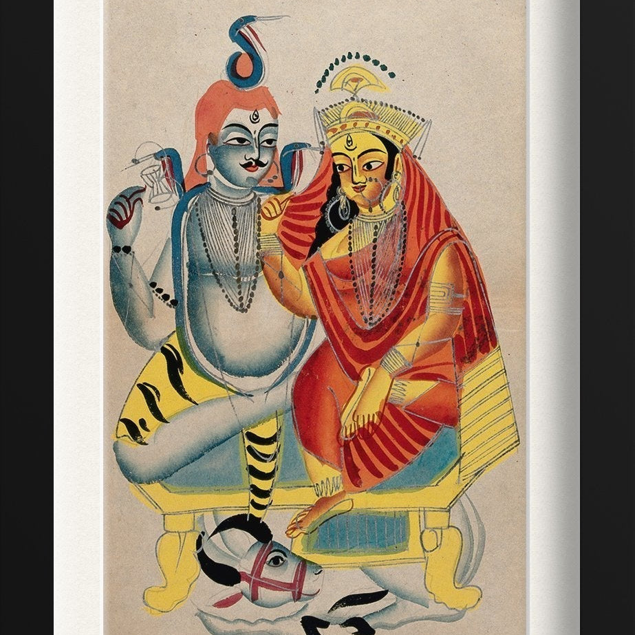Shiva and Parvati sitting on their throne with Nandi the bull Painting - Meri Deewar 2 : 3 Vertical Premium Wall Art Canvas by MeriDeewar