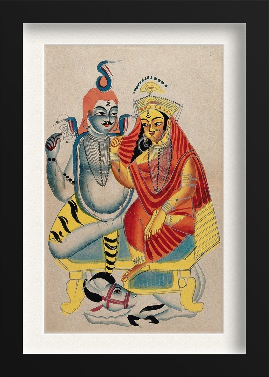 Shiva and Parvati sitting on their throne with Nandi the bull Painting - Meri Deewar 2 : 3 Vertical Premium Wall Art Canvas by MeriDeewar