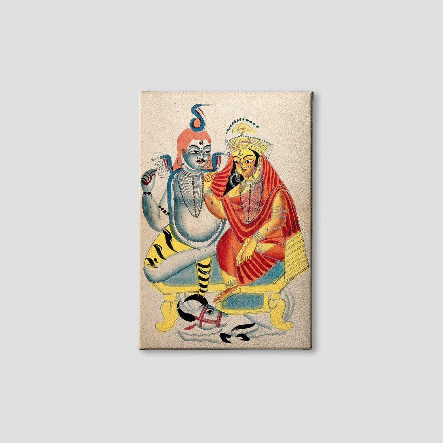 Shiva and Parvati sitting on their throne with Nandi the bull Painting - Meri Deewar 2 : 3 Vertical Premium Wall Art Canvas by MeriDeewar